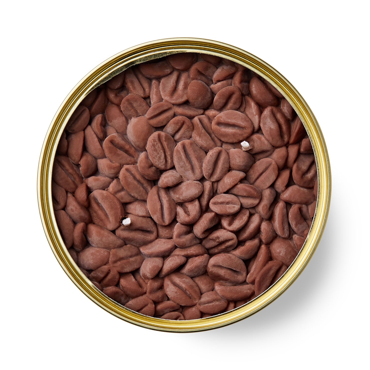 Top view of a can filled with coffee beans on a white background