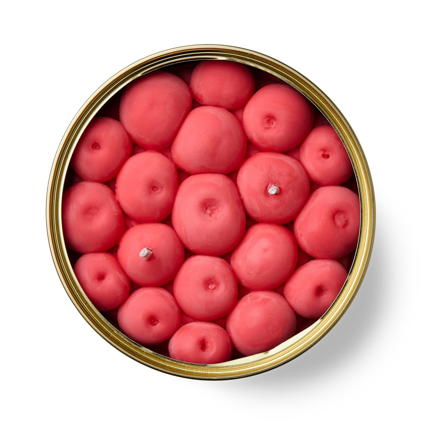 cherry shaped fruity scented candle in a gold tin on a white background