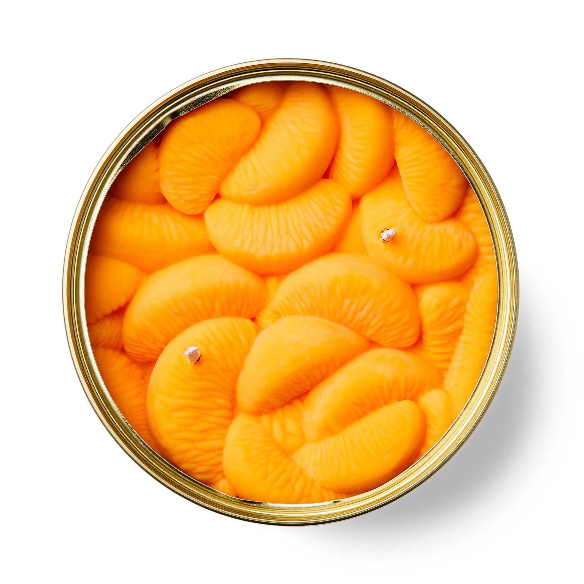 peeled tangerines in a gold tin 