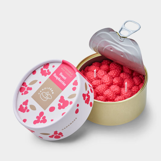 raspberry food shaped candle in a gold tin 