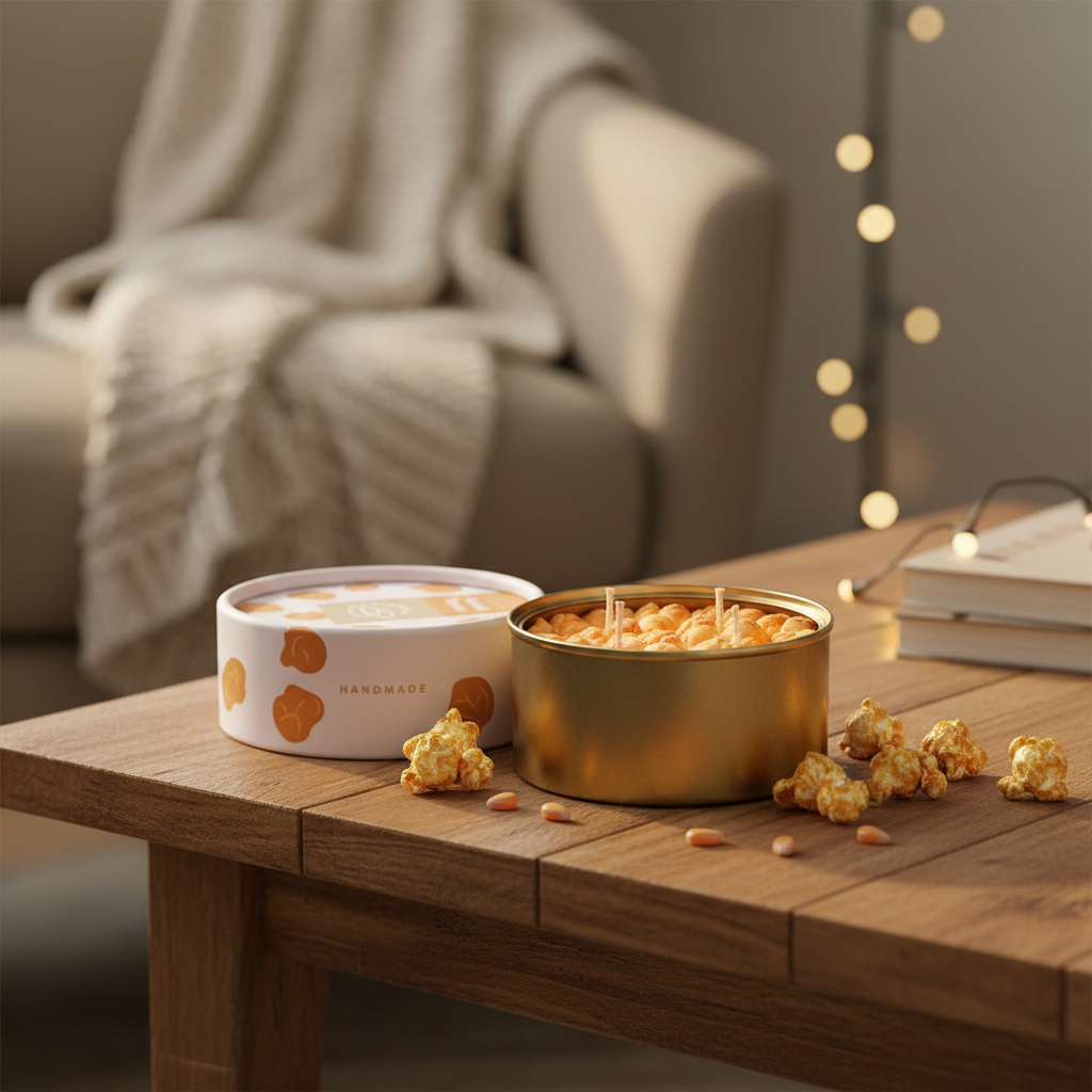 Caramel Popcorn Scented Candle in a cozy setting