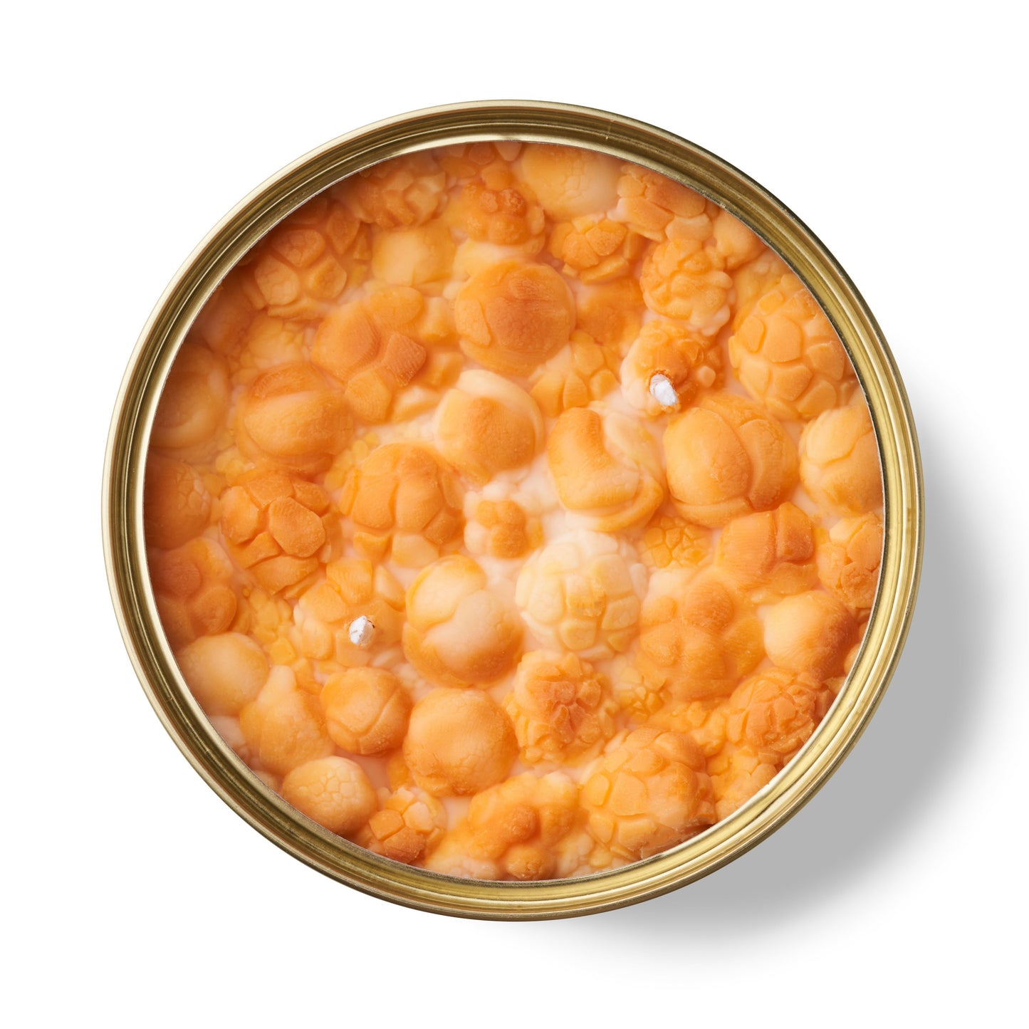 caramel popcorn scented candle in a gold tin on a white background