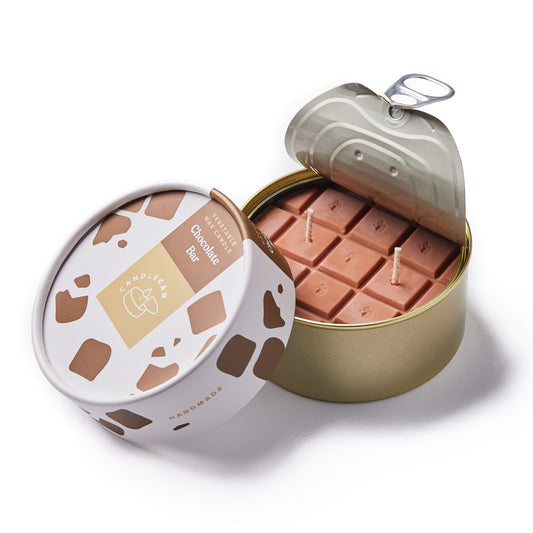 chocolate shaped scented candle in a gold tin 
